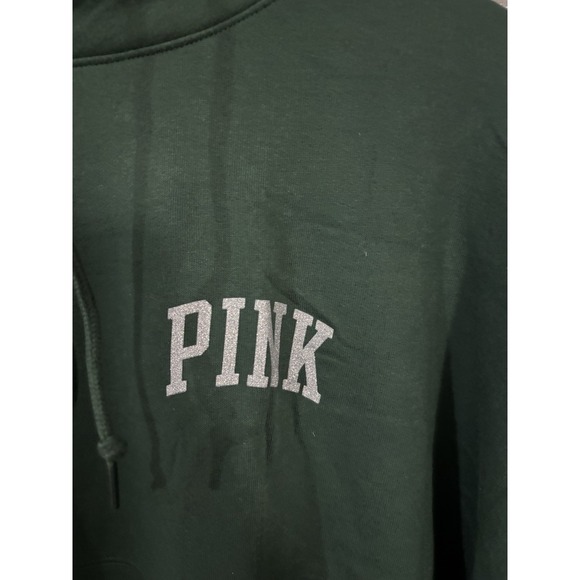 PINK VICTORIA'S SECRET Women's Large GREEN SILVER GLITTER Logo HOODED Long SHIRT - Picture 7 of 7